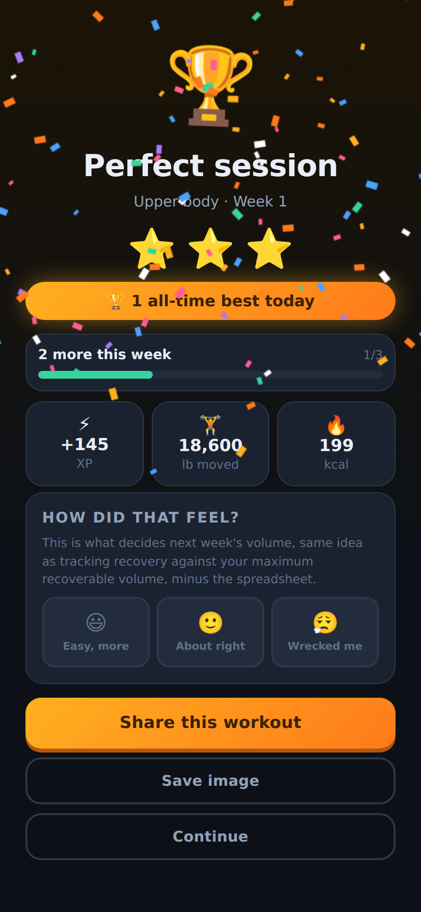 Workout complete screen: a perfect session with three stars, a new personal best, session stats, and a button to share the workout