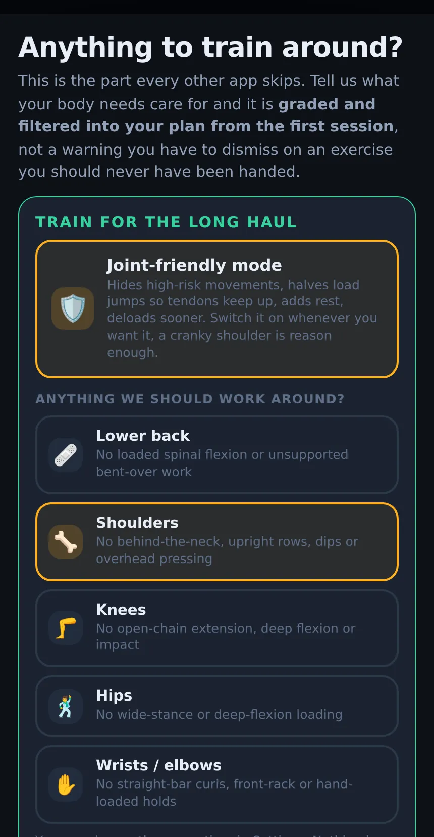 Liftspan setup screen asking Anything to train around?, with Shoulders selected: no behind-the-neck, upright rows, dips or overhead pressing