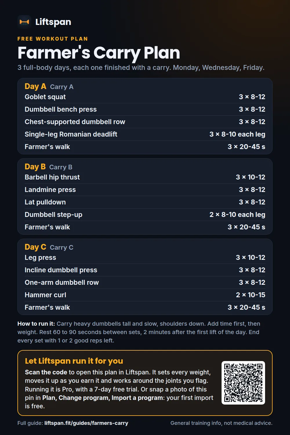 Farmer's Carry Plan: a free 3 day workout sheet from Liftspan with sets and reps for days A, B and C
