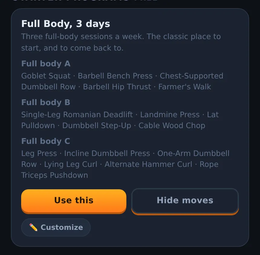Liftspan Programs screen showing the free Full Body, 3 days starter program with the moves for days A, B and C
