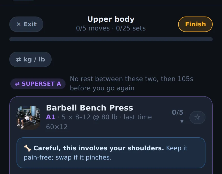 Liftspan workout screen: barbell bench press with a note that it involves your shoulders, keep it pain-free and swap it if it pinches