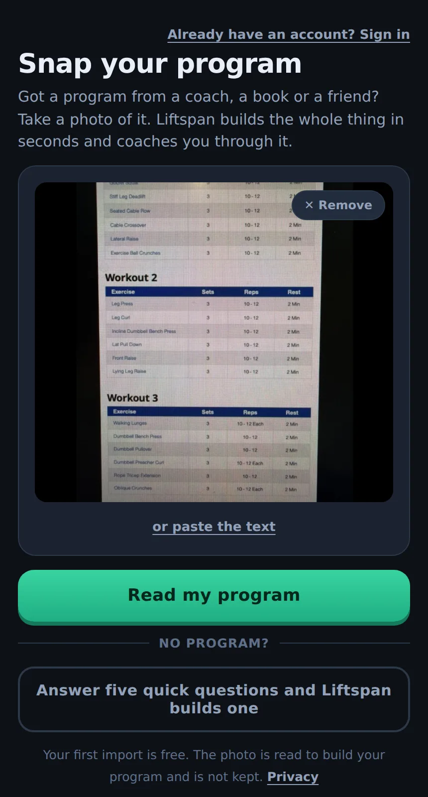 Liftspan Snap your program screen with a photo of a printed 3-day workout sheet and a Read my program button
