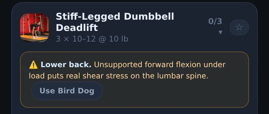 A Liftspan workout card for Stiff-Legged Dumbbell Deadlift with a lower back warning and a Use Bird Dog button