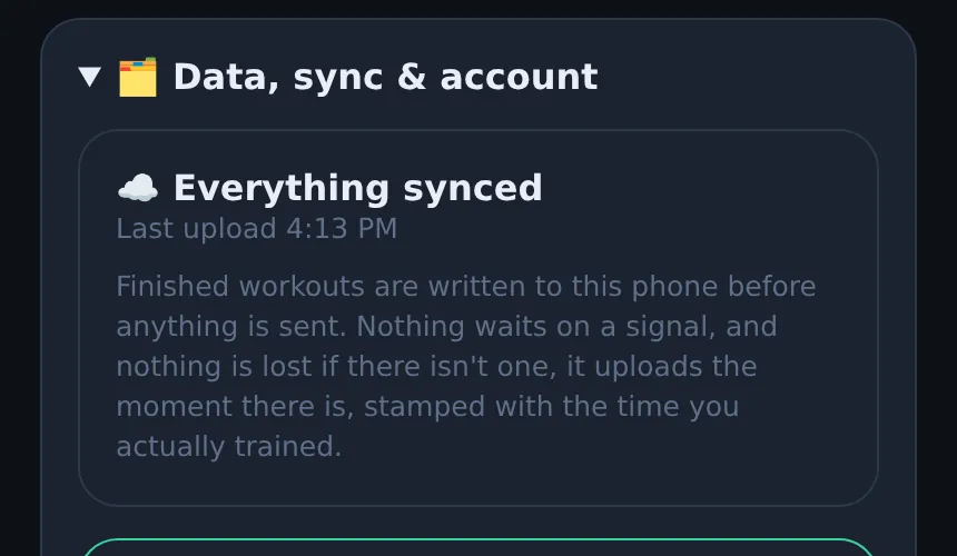Liftspan Settings, Data, sync and account section showing everything synced, the signed-in email, import and export, and delete account