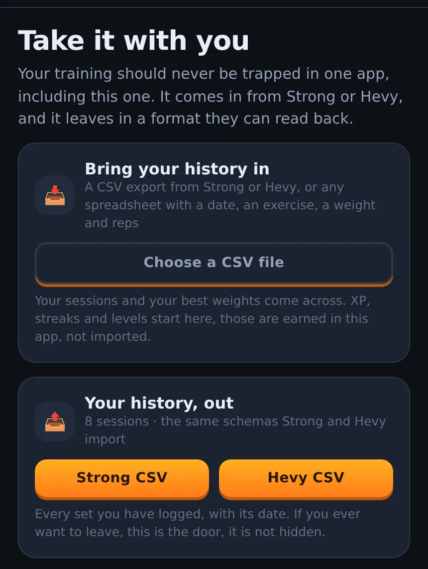 Liftspan Take it with you screen with buttons to export your history as a Strong CSV or a Hevy CSV