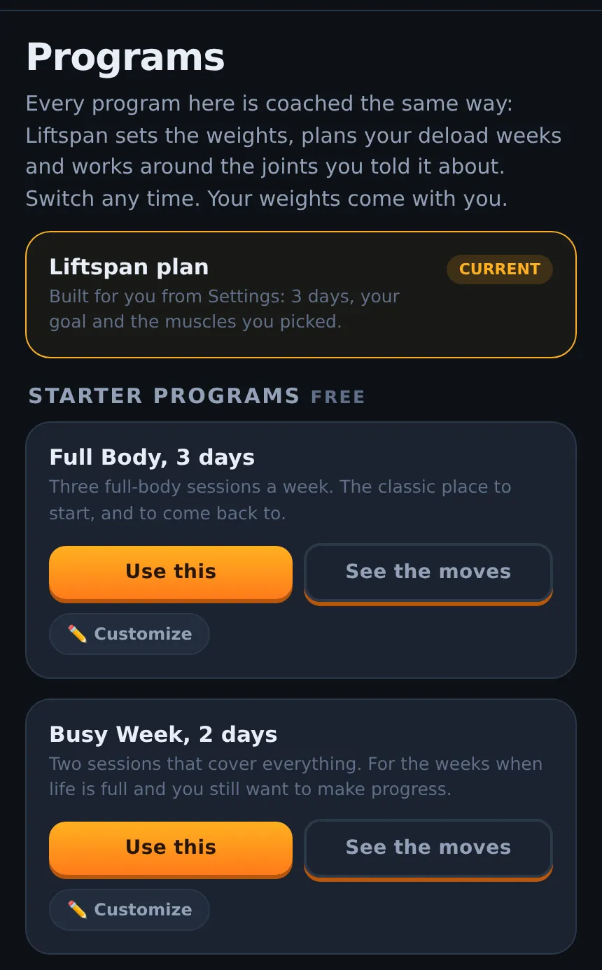Liftspan Programs screen listing the Liftspan plan, the three free starter programs and the My programs save slots