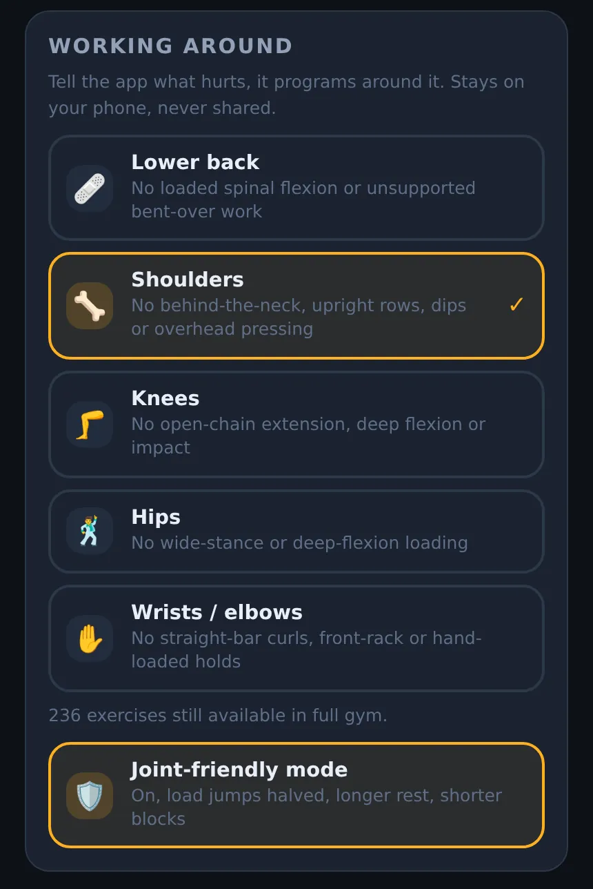 Liftspan You tab, Working around card, with Shoulders selected and joint-friendly mode switched on