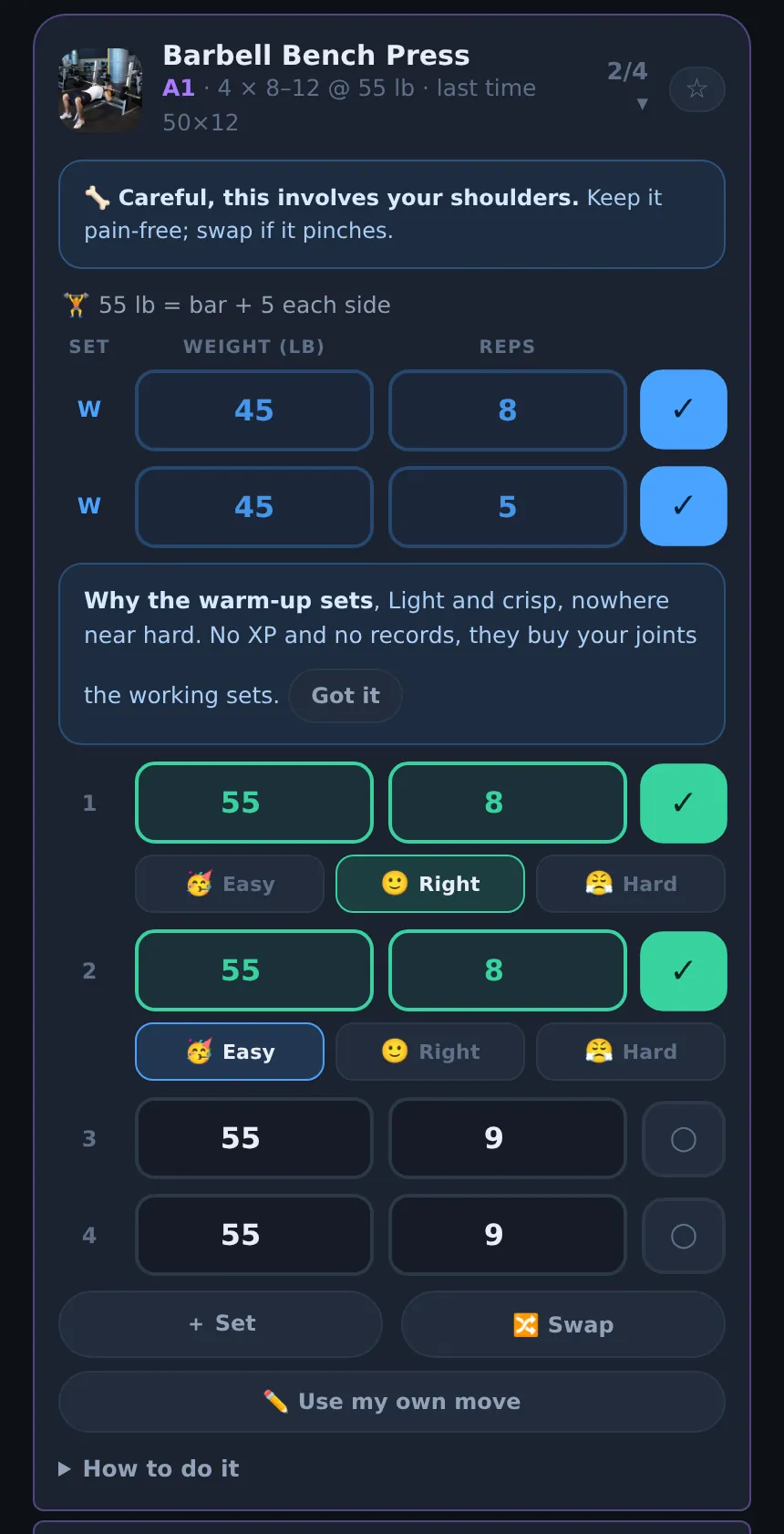 Liftspan workout screen with an exercise card, set rows for weight and reps, ticked sets and the Easy, Right and Hard effort buttons