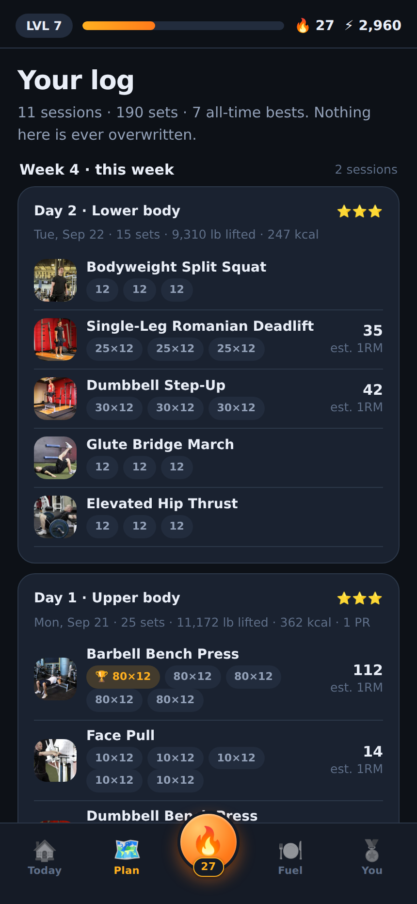 Training log showing every session by week with the weight and reps of every set