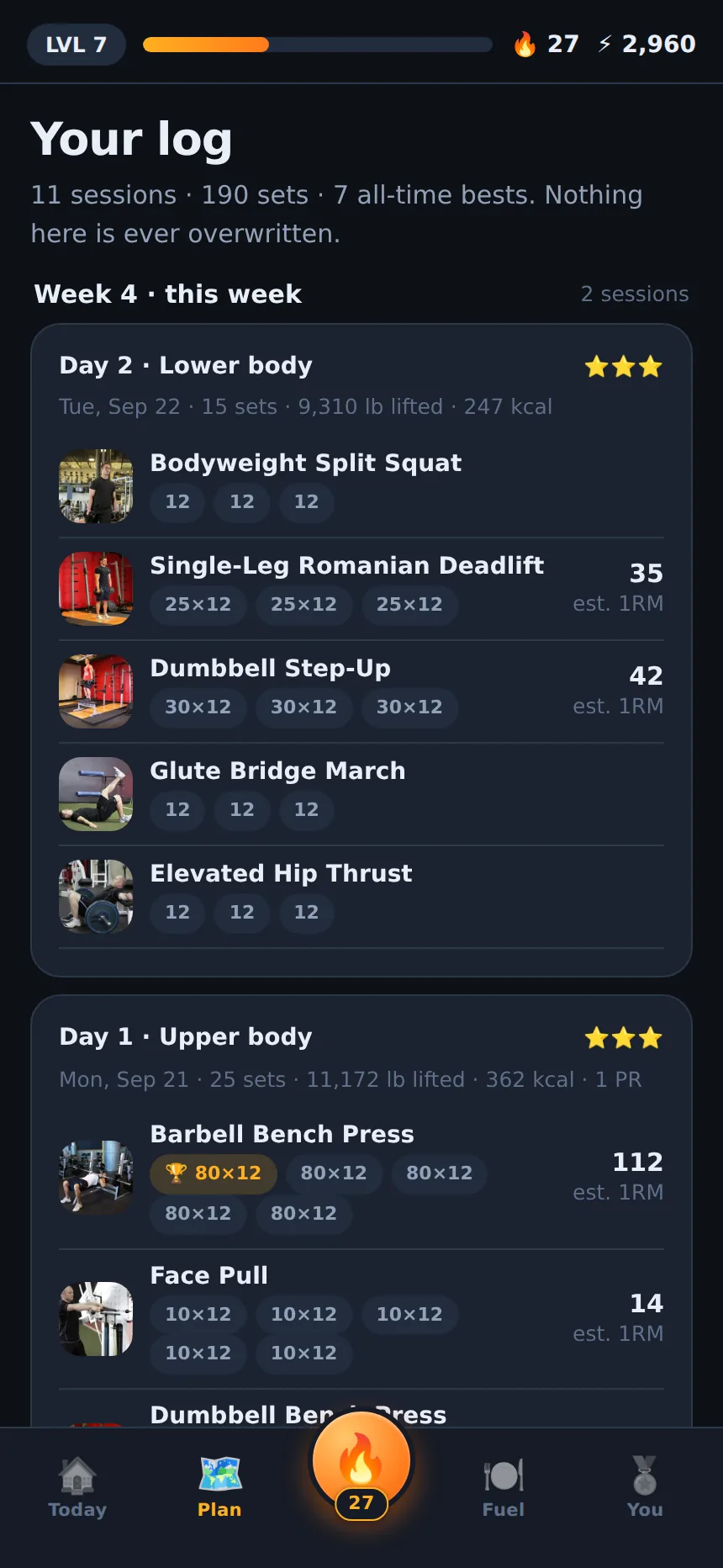 Training log showing every session by week with the weight and reps of every set
