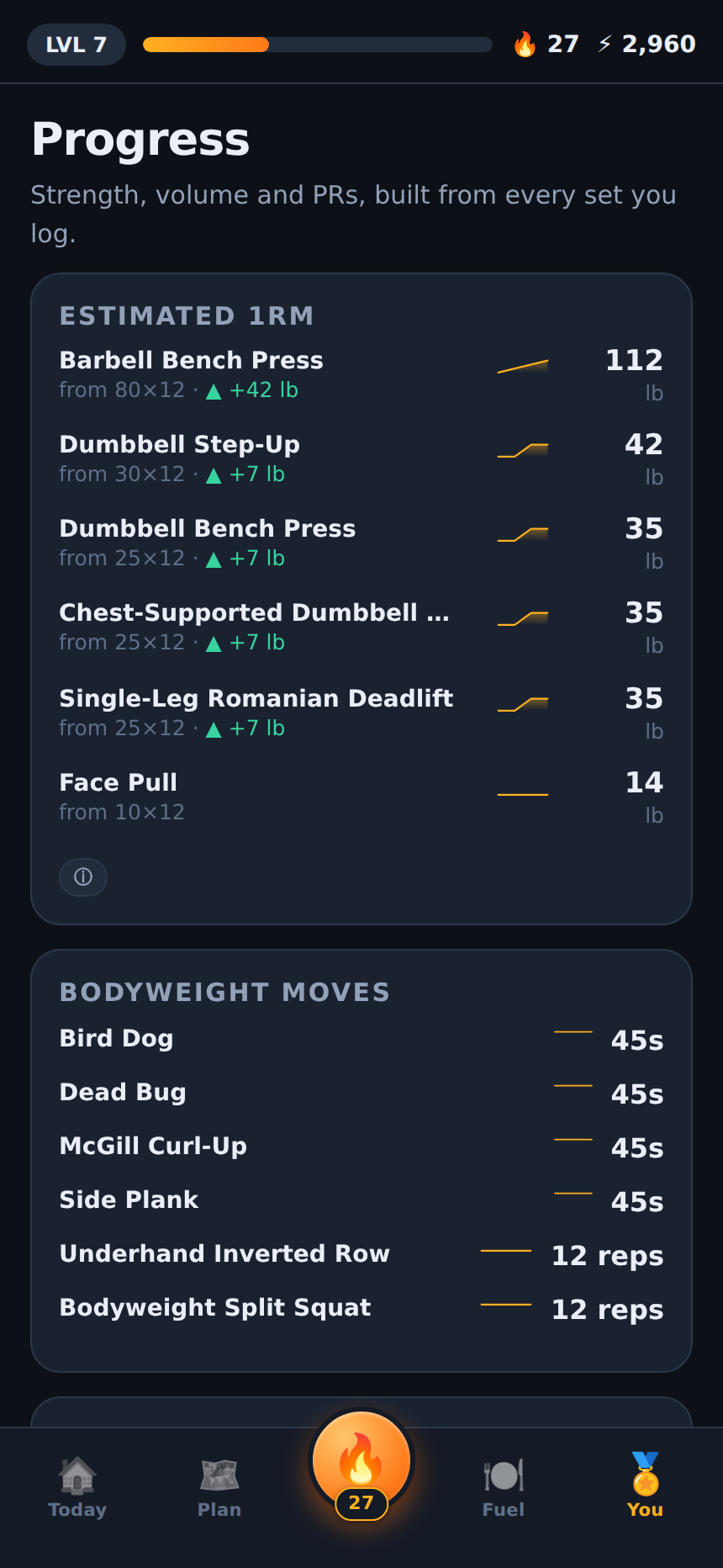 Progress screen showing estimated 1RM per lift