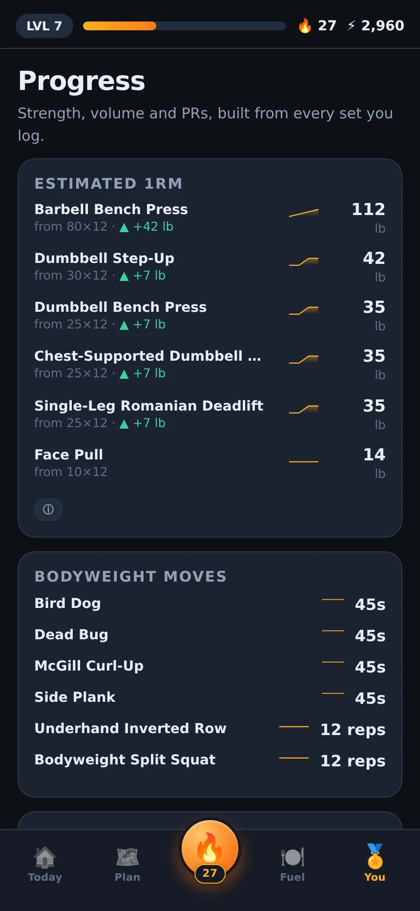 Progress screen showing estimated 1RM per lift