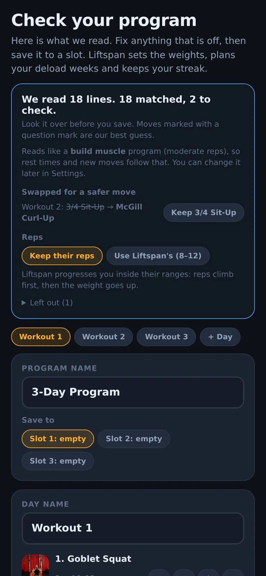 Check your program: 18 lines read, 18 matched, 2 to check, reads like a build muscle program, a high-risk move swapped for a safer one