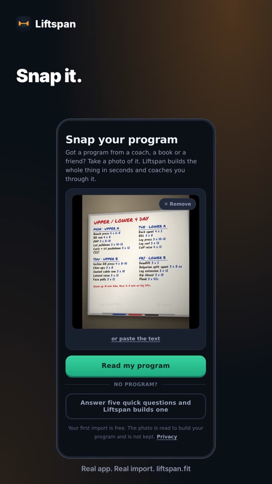 Liftspan reading a photo of a 4-day upper/lower program written on a gym whiteboard