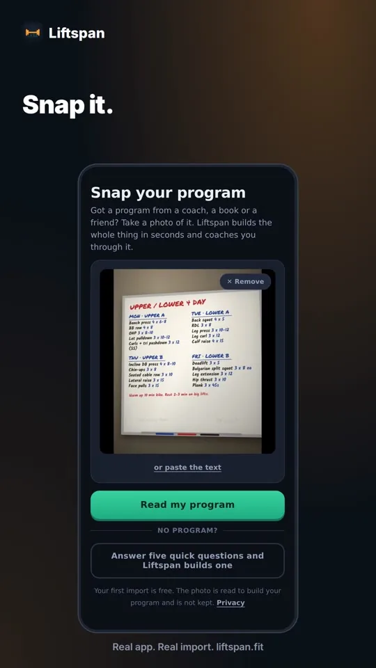 Liftspan reading a photo of a 4-day upper/lower program written on a gym whiteboard
