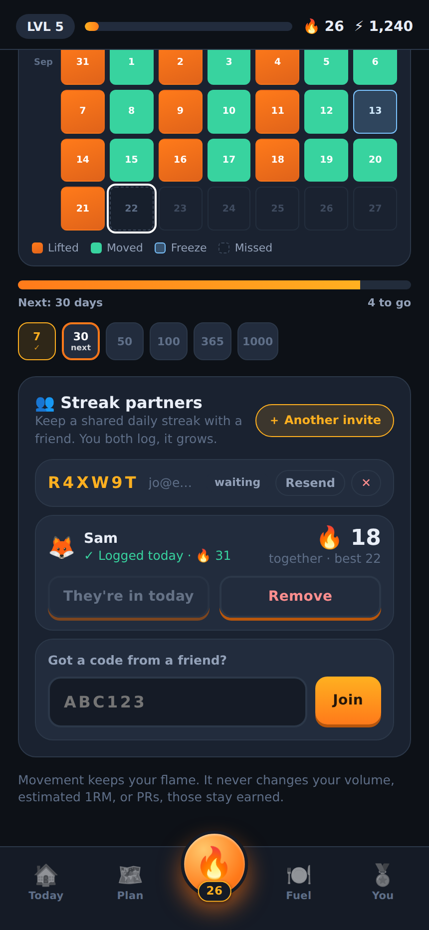 Streak partners card: a partner who logged today, an 18-day shared streak, and an invite code waiting to be accepted
