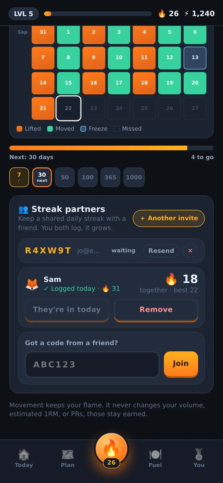 Streak partners card: a partner who logged today, an 18-day shared streak, and an invite code waiting to be accepted