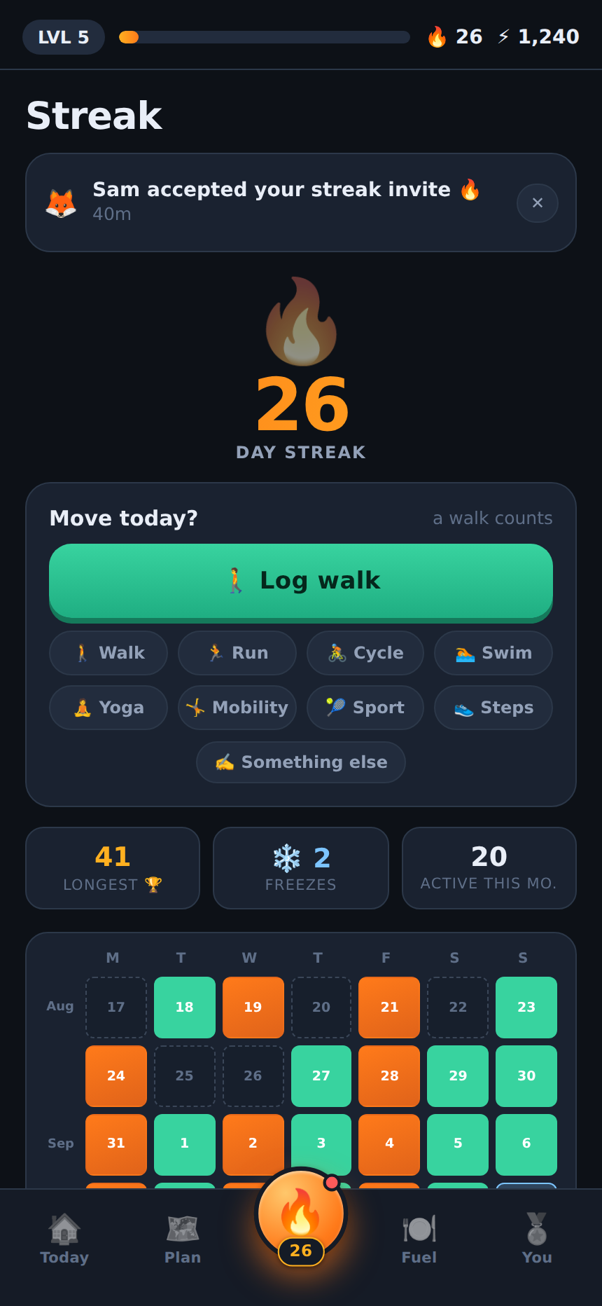 Streak screen: a 26-day flame, a one-tap check-in with walk, run, cycle, swim, yoga, mobility, sport, steps and something else, and a note that a streak partner accepted an invite