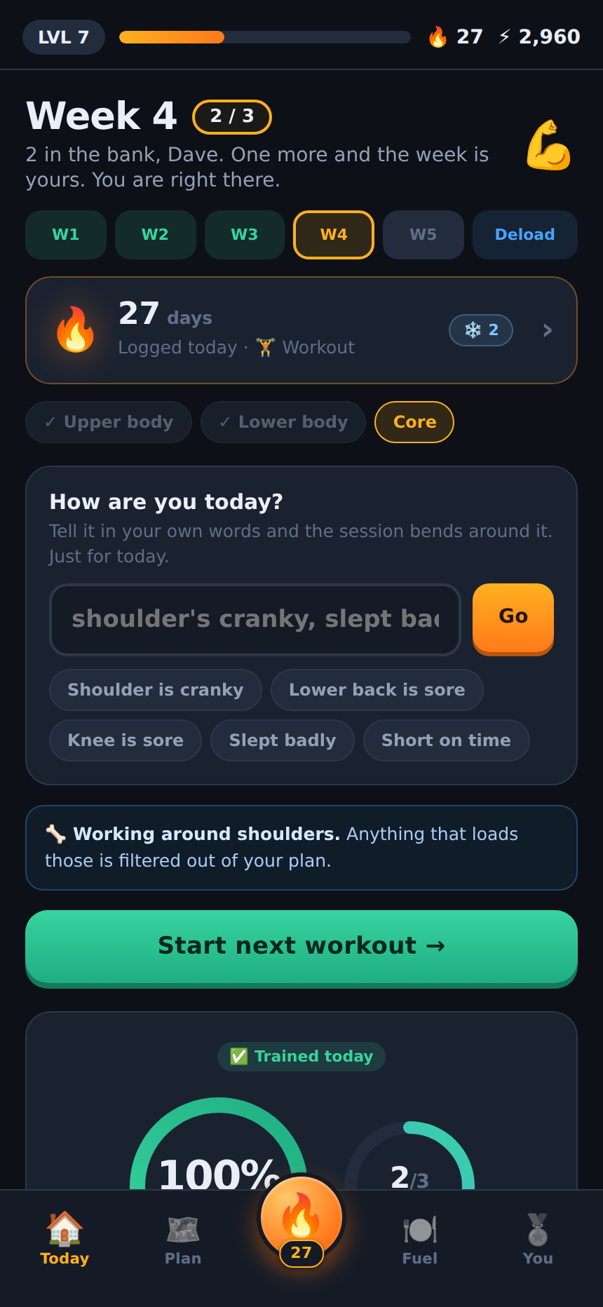 Today screen: week progress and a plain-words check-in that reshapes the session before you start
