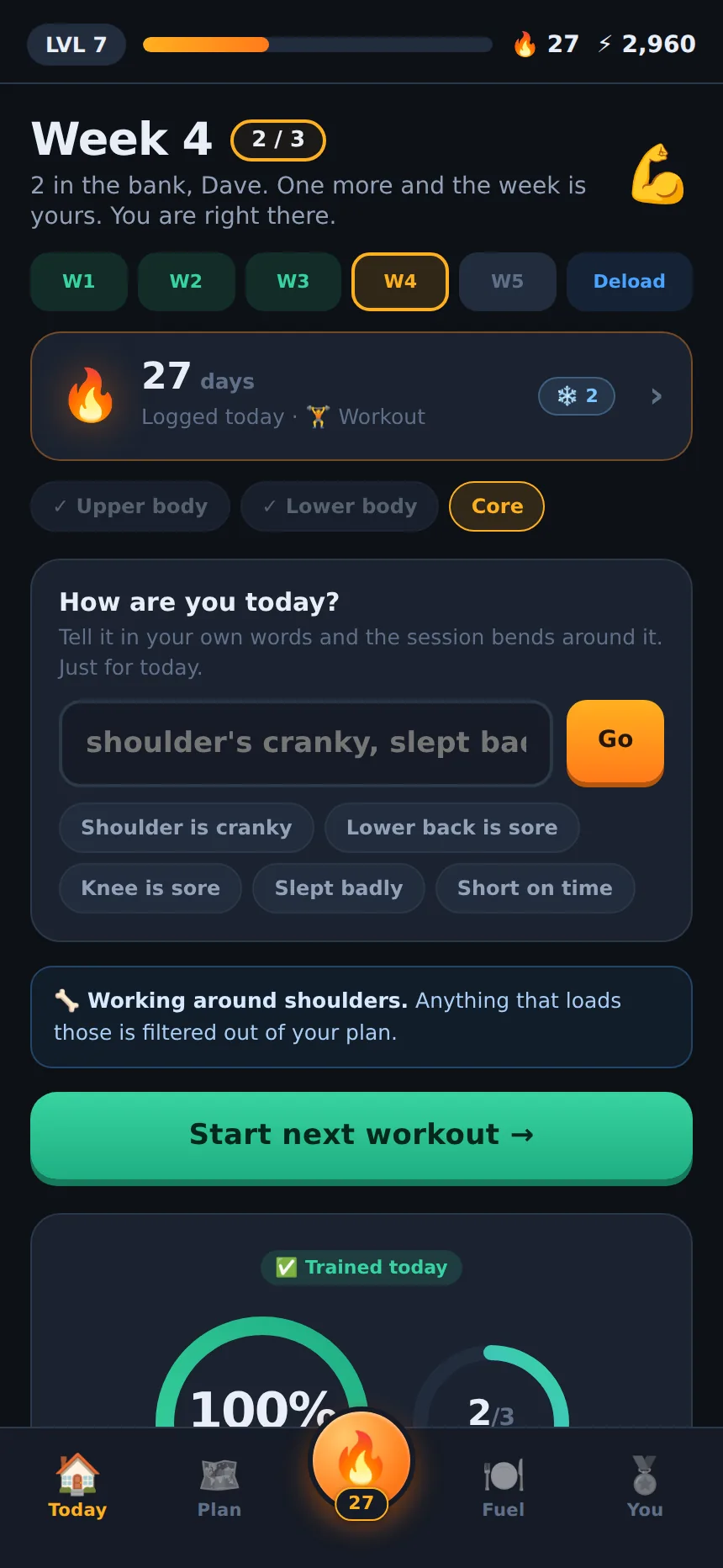 Today screen: week progress and a plain-words check-in that reshapes the session before you start